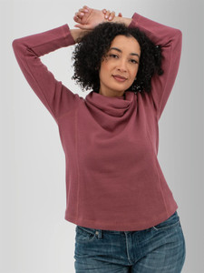 Front view of the Cascade Cowl Neck Striped Pullover in wild ginger purple.