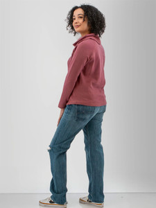 Left side view of the Cascade Cowl Neck Striped Pullover in wild ginger purple.