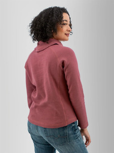 Right rear shoulder detail view of the Cascade Cowl Neck Striped Pullover in wild ginger purple.