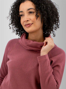Front cowl and sleeve cuff detail view of the Cascade Cowl Neck Striped Pullover in wild ginger purple.