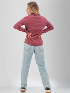 Back view of the Cascade 1/4 Zip Striped Pullover in wild ginger purple.