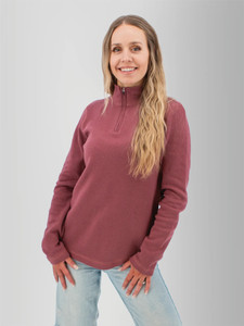 Front view of the Cascade 1/4 Zip Striped Pullover in wild ginger purple.