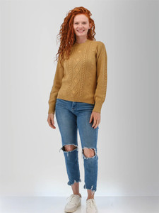 Full front view of the Winter Wisteria Embroidered Cable Knit Sweater in mustard yellow.