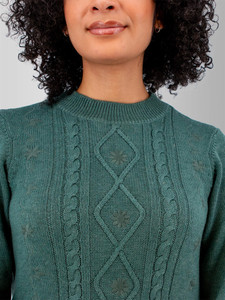 Detail view of the embroidered cable knits on the front of the Winter Wisteria Embroidered Cable Knit Sweater in sea pine green.