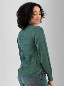 Right back view of the Winter Wisteria Embroidered Cable Knit Sweater in sea pine green.