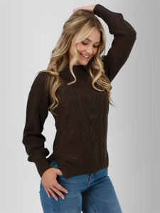 Front view of the Winter Wisteria Embroidered Cable Knit Sweater in java brown.