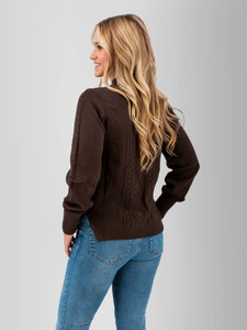 Left back view of the Winter Wisteria Embroidered Cable Knit Sweater in java brown.
