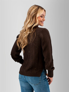 Right back view of the Winter Wisteria Embroidered Cable Knit Sweater in java brown.