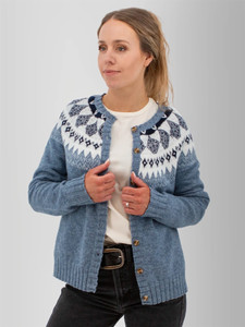Alternate front view of the Reine Fair Isle Cardigan Sweater in stonewash blue.