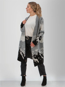 Front view of the Vista Jacquard Mountain Cardigan Sweater in grey mountain border print.