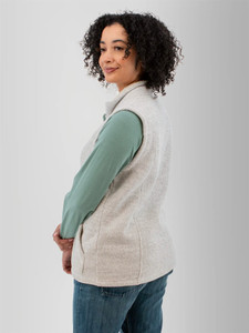 Left shoulder view of the Alabaster Pine Sweater Knit Fleece Vest in whisper white.