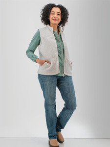 Front view of the Alabaster Pine Sweater Knit Fleece Vest in whisper white.