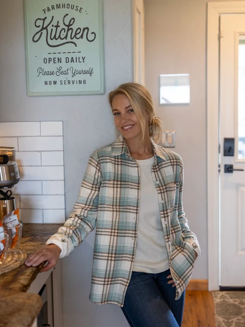 Woman wearing Jenson Waffle Knit Top studio
