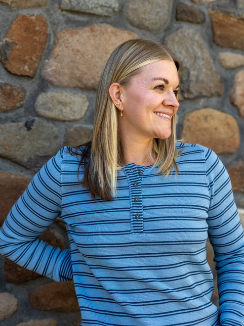 Woman wearing Nichole Thermal Striped Henley
