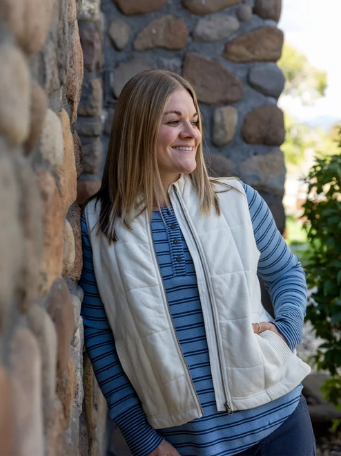 Woman wearing Cotton Drift Quilted Vest studio