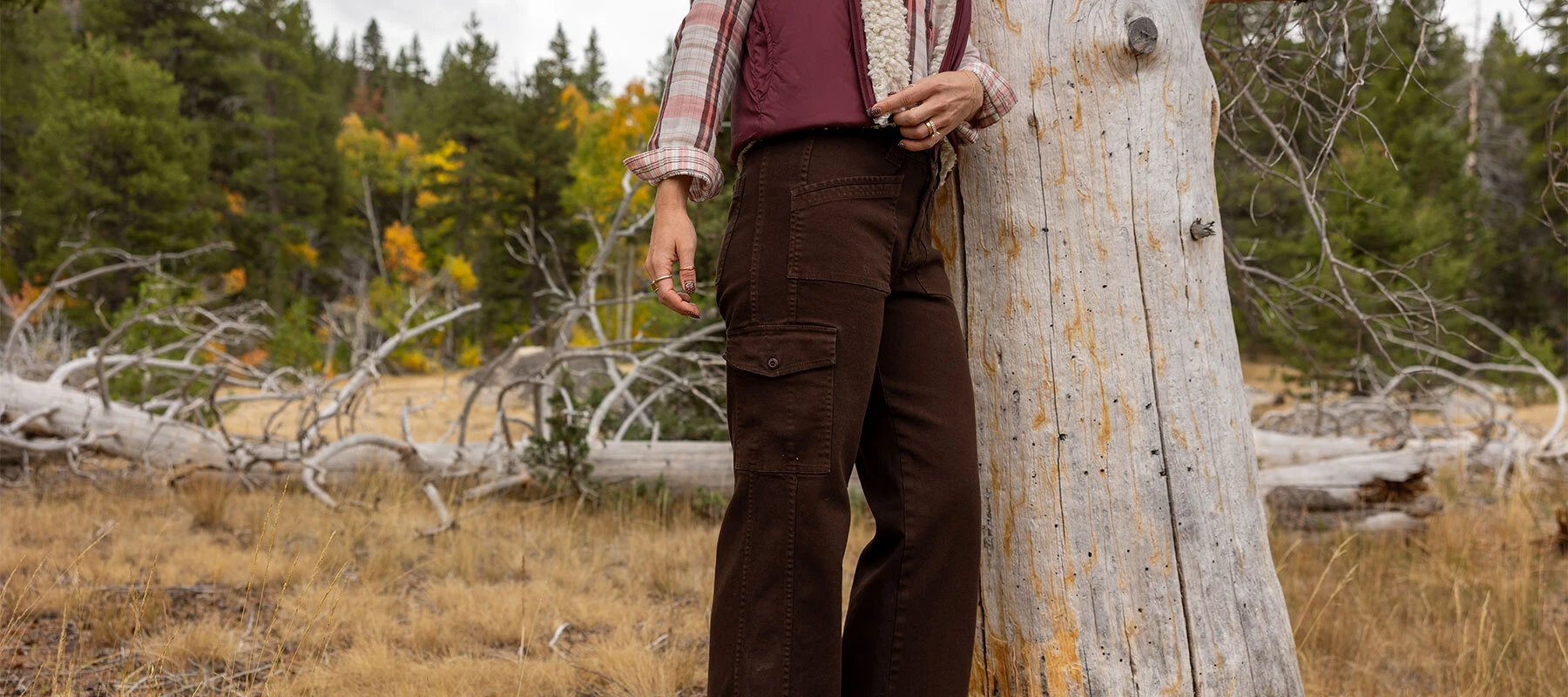 Twillford Utility Pant In Demitasse, Lark Top in Deser Sand, and Frostline reversible vest in Port Royale
