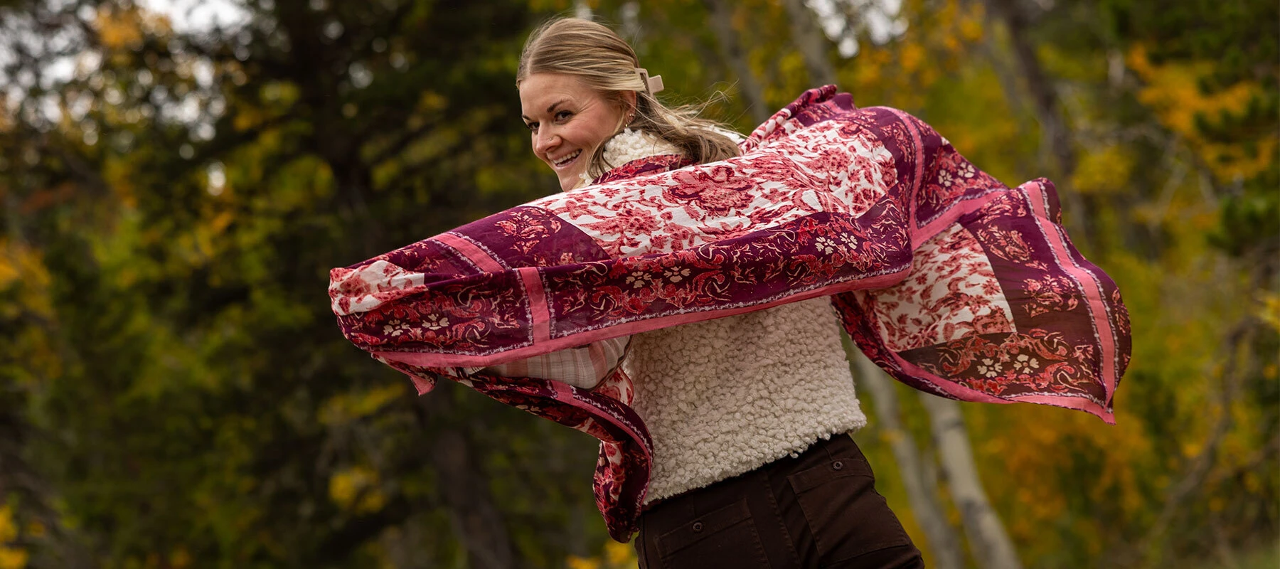 Winter floral Border Scarf in Bordeaux