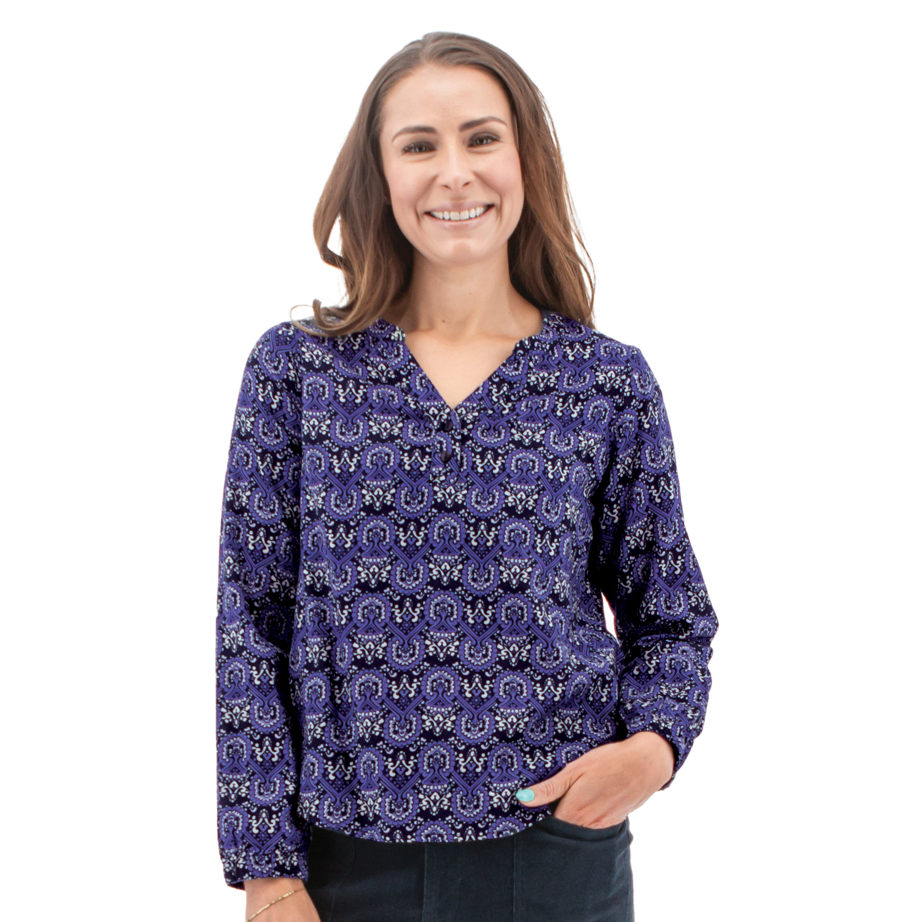 Jollie Organic Printed Y-neck Henley Top