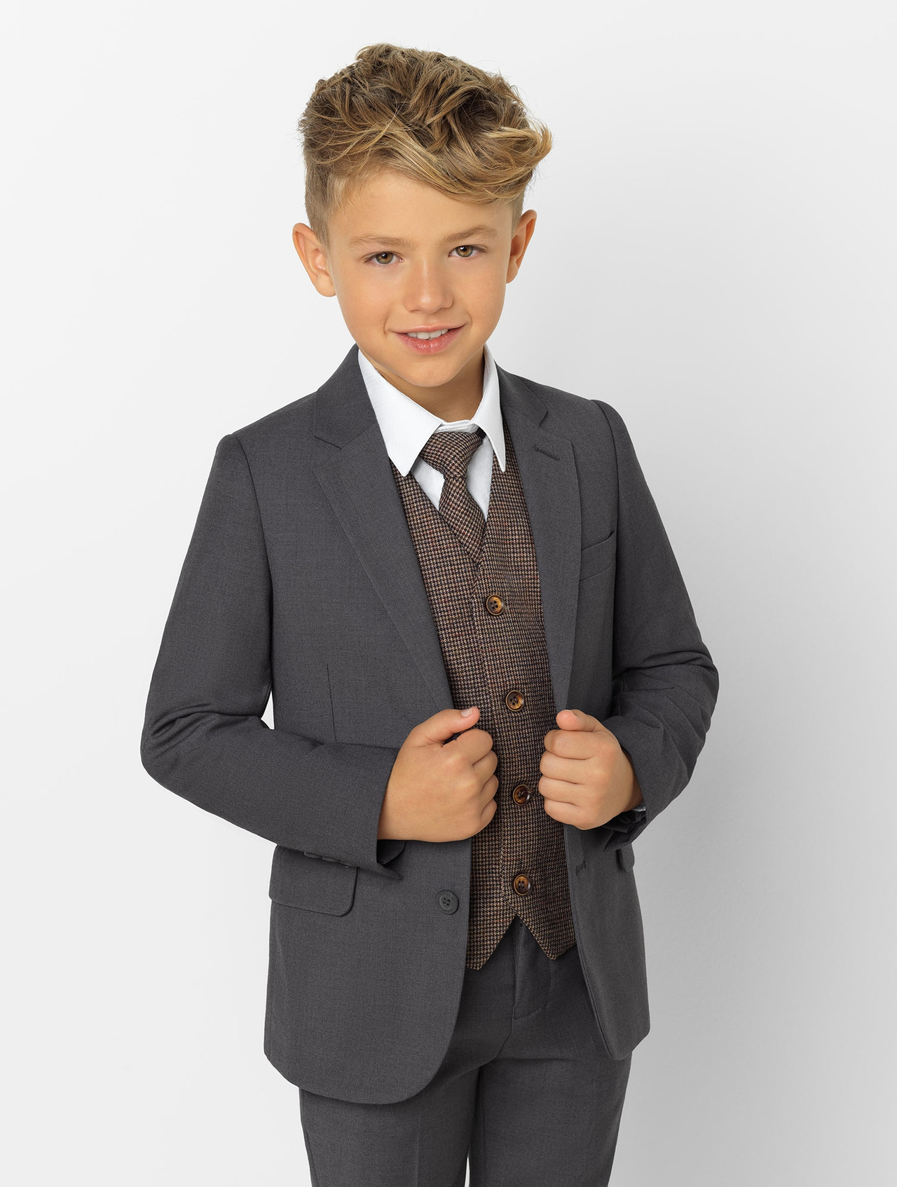 Boys grey page boy suit with tweed waistcoat Boys grey & tweed