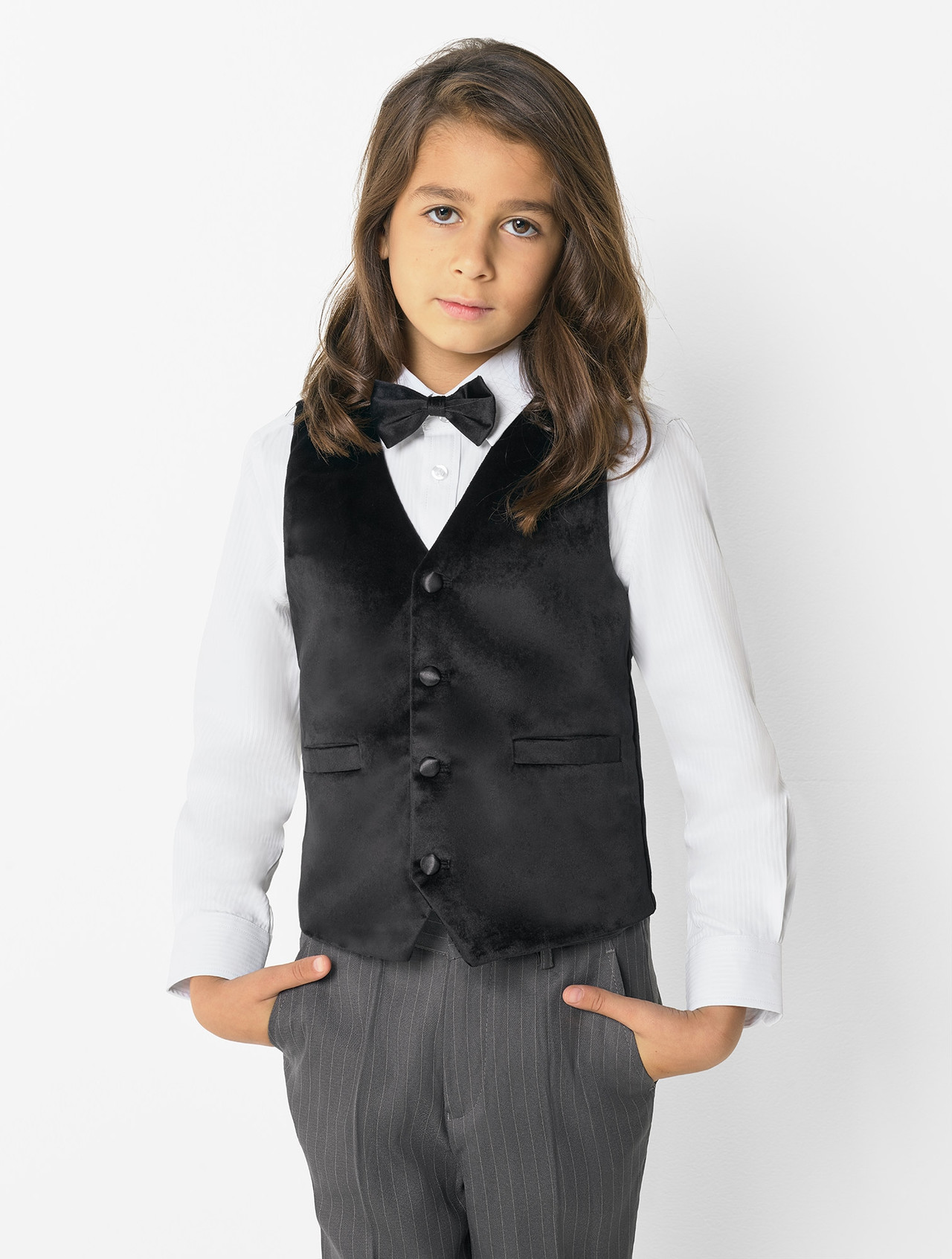 Boys black velvet waistcoat suit with grey striped trousers Page boy