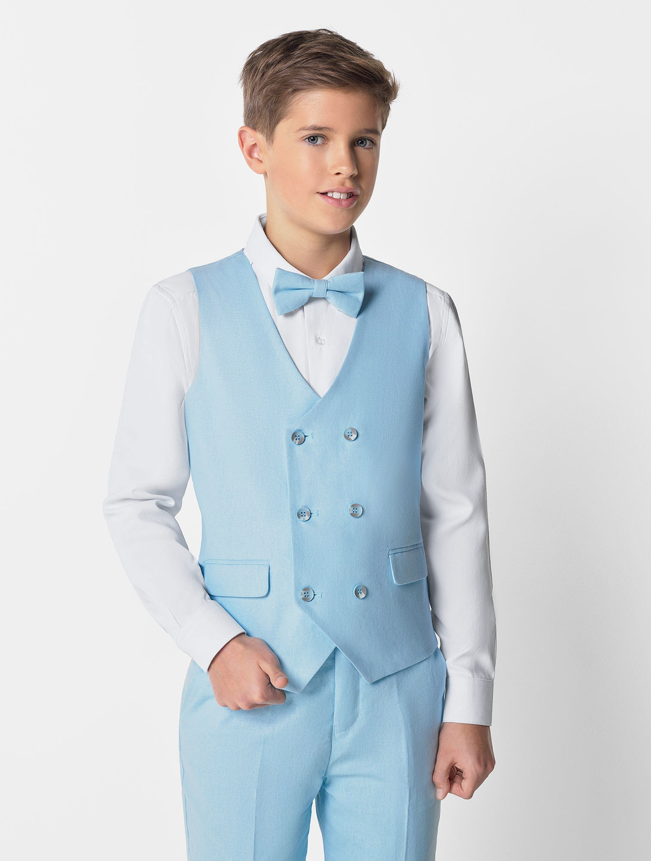 Boys double breasted light blue waistcoat & trouser suit set Boys