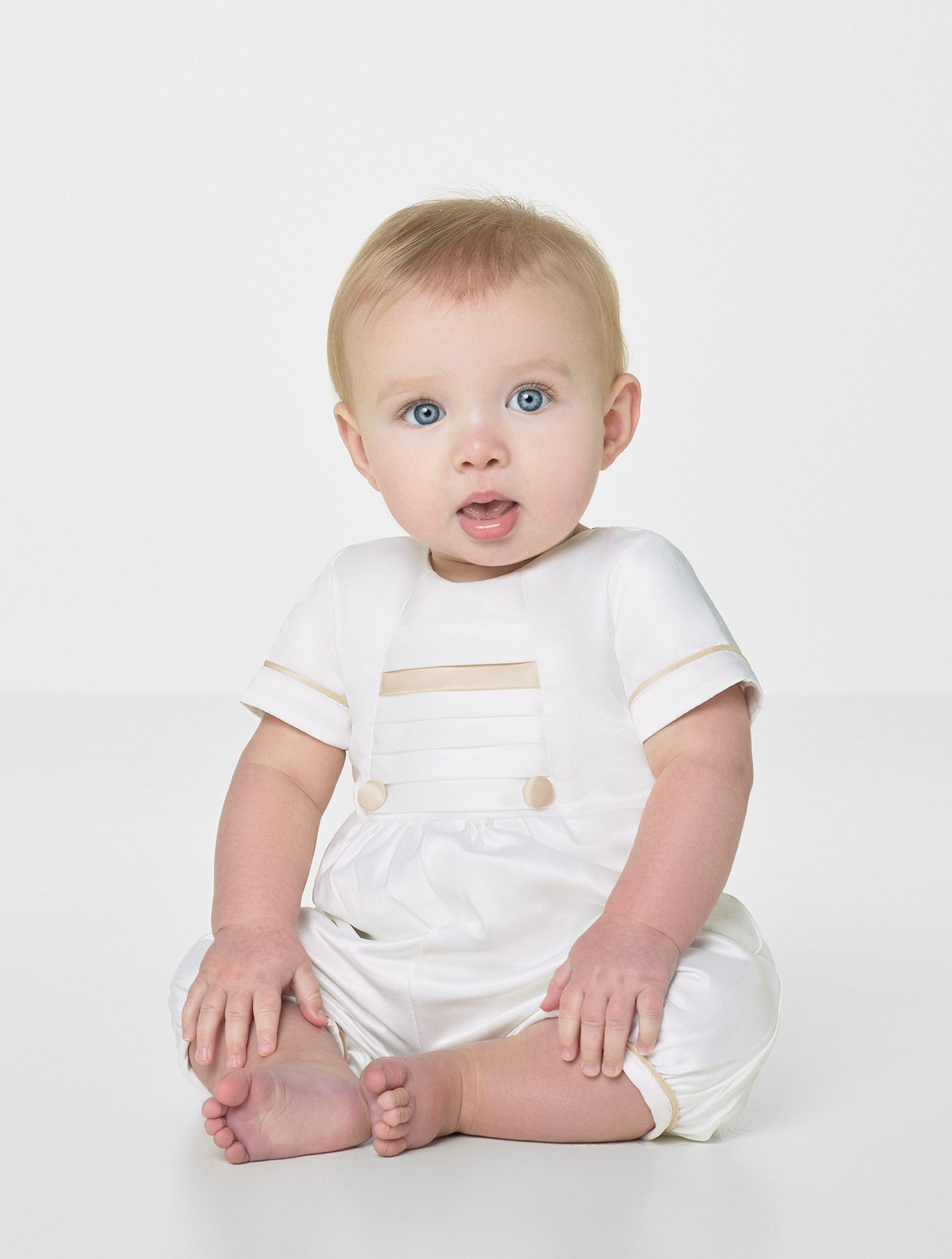 Boys white & champagne romper | Baby boys christening romper | Roco | Rowe