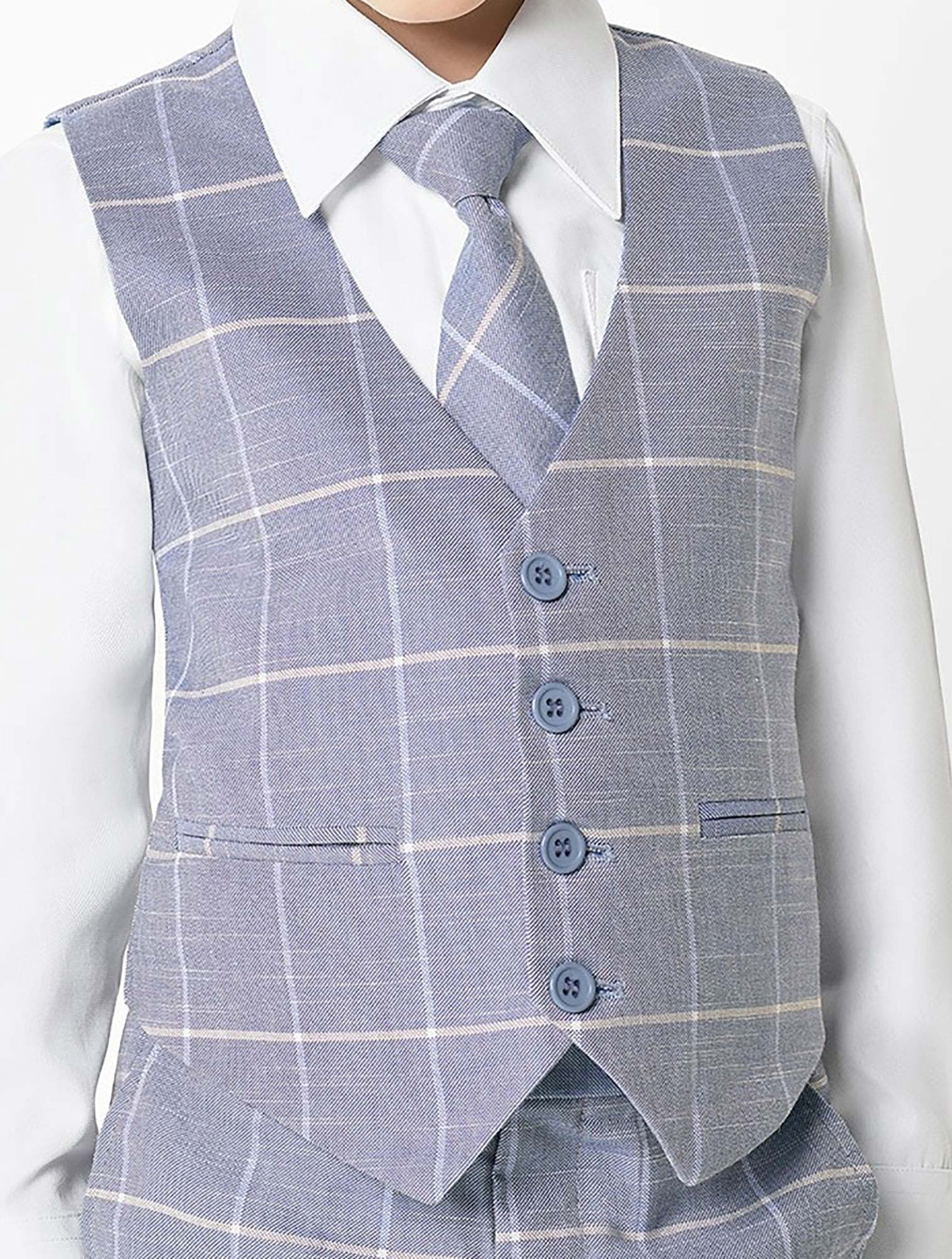 Boys Blue Embroidered Waistcoat – Checkered Pattern with Pocket Square main image 1