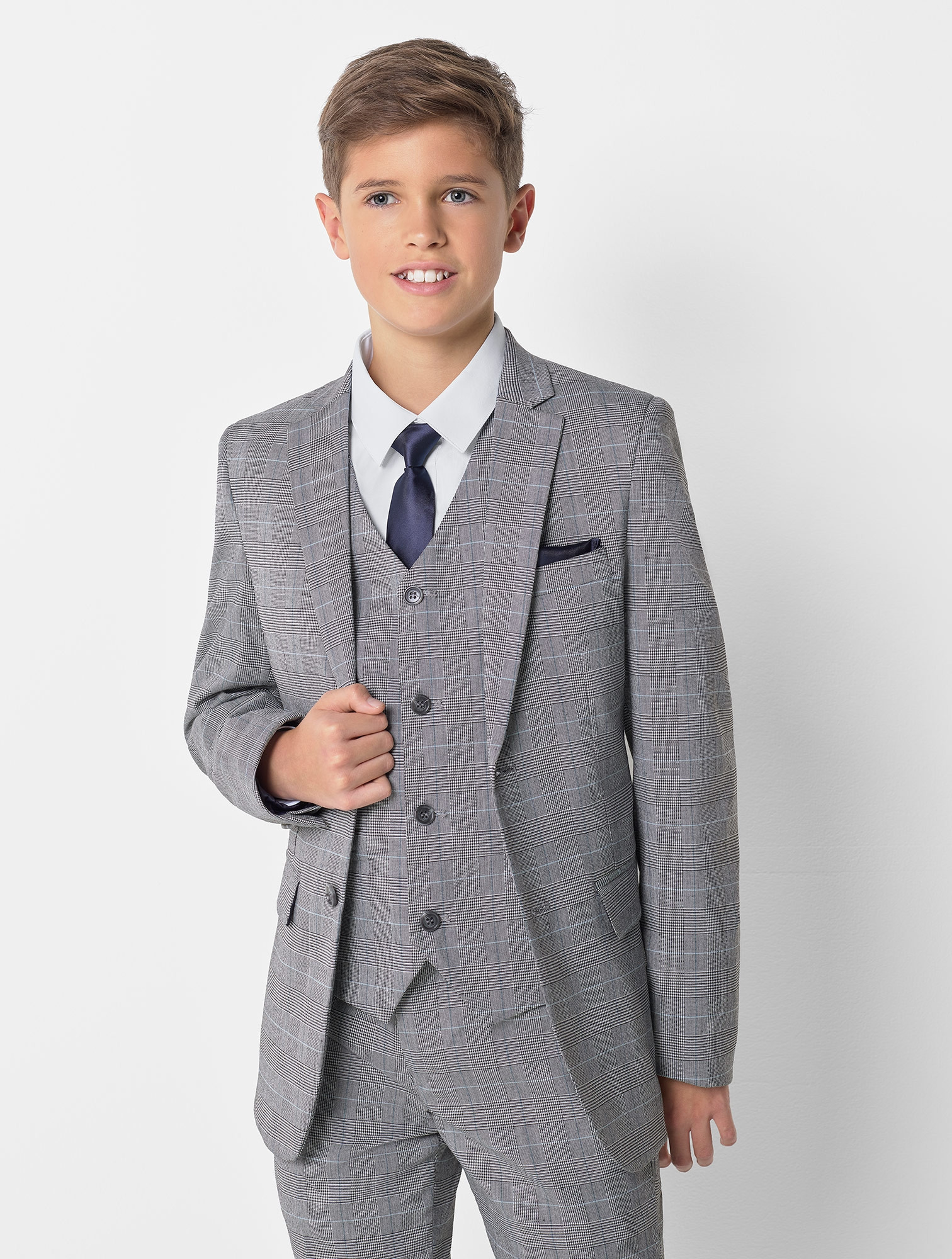 SUITLAB London Boys Checked 3 Piece Suit Set in Grey