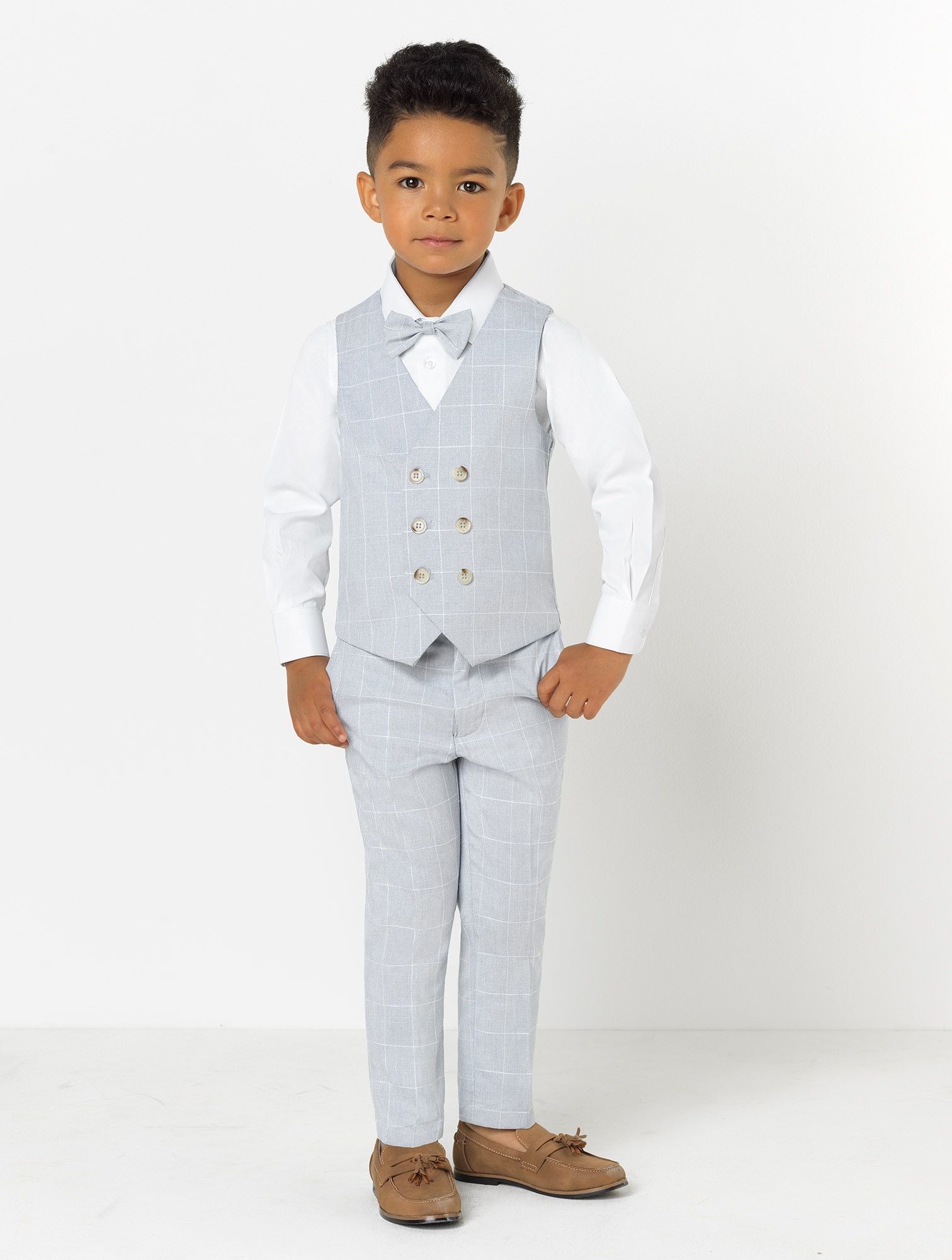 Boys double breasted light blue waistcoat & trouser suit set Boys