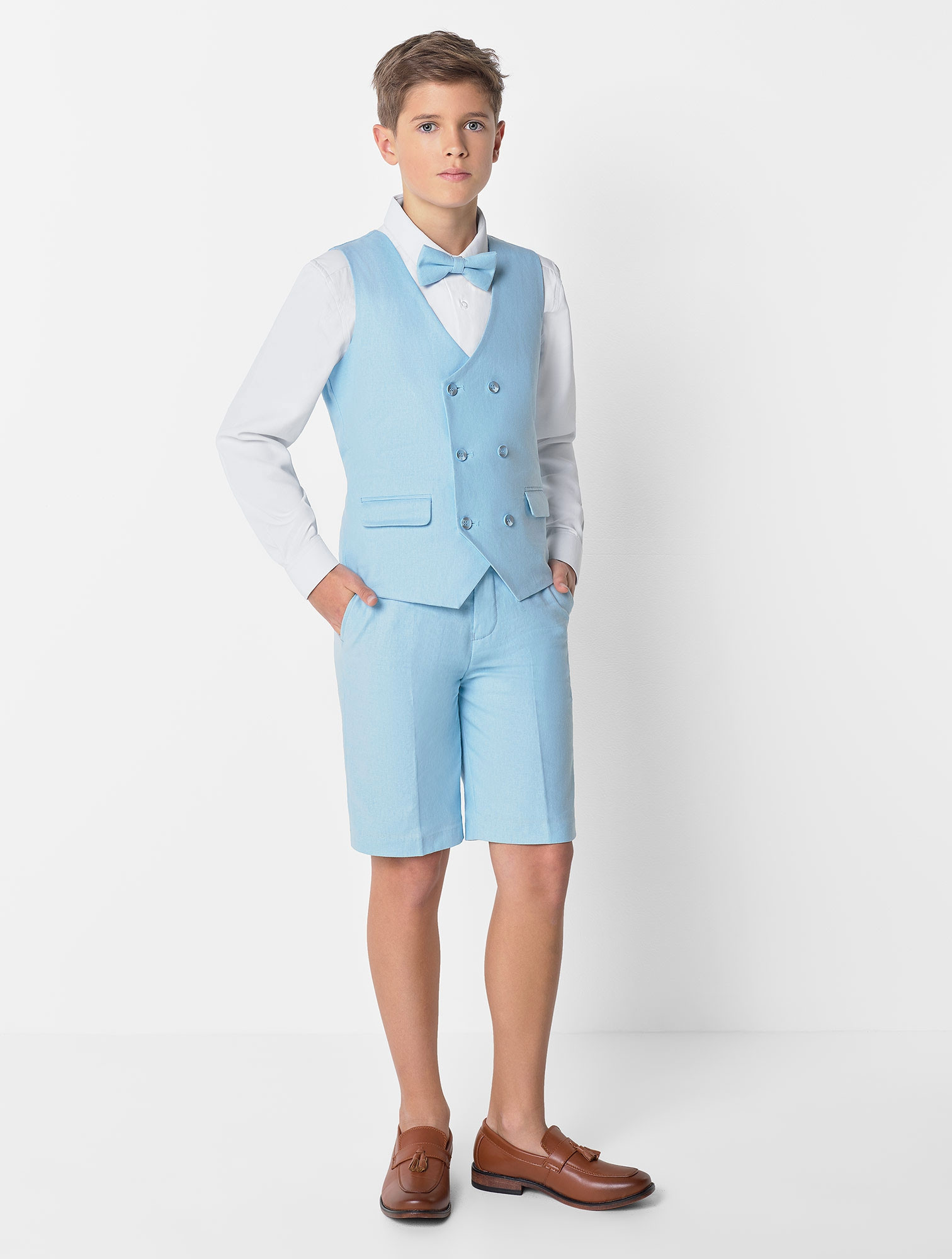 Boys double breasted blue waistcoat & shorts suit set Boys blue page
