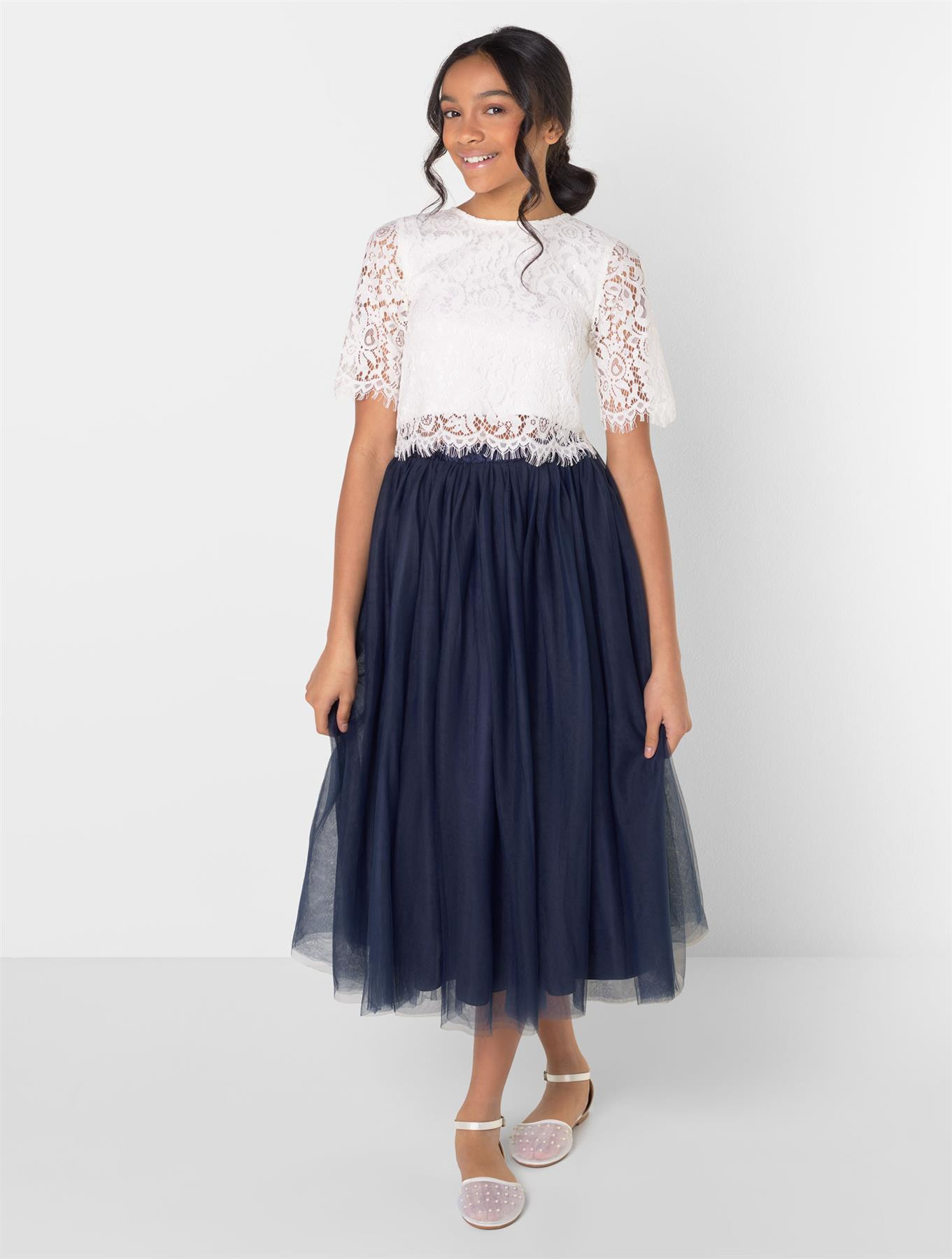 Girls Yellow Striped Top & Navy Floral Skirt Set main image 0