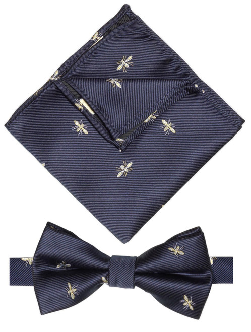 Boys navy banded bow tie and hanky set - Bug