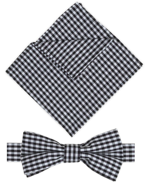 Boys black banded bow tie and hanky set - Gingham
