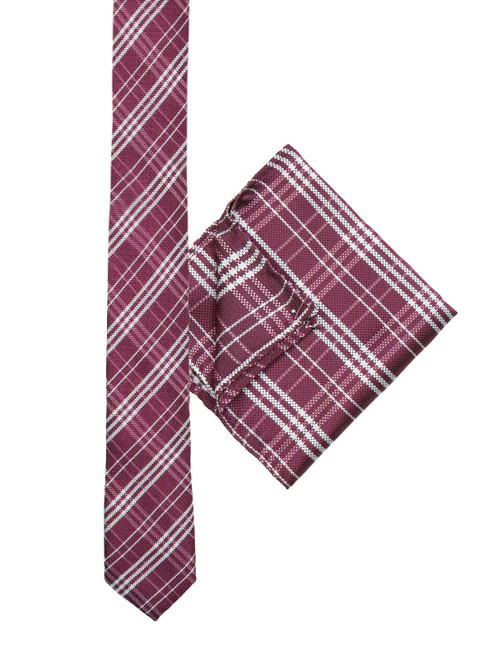 Boys burgundy tie and hanky set - Plaid