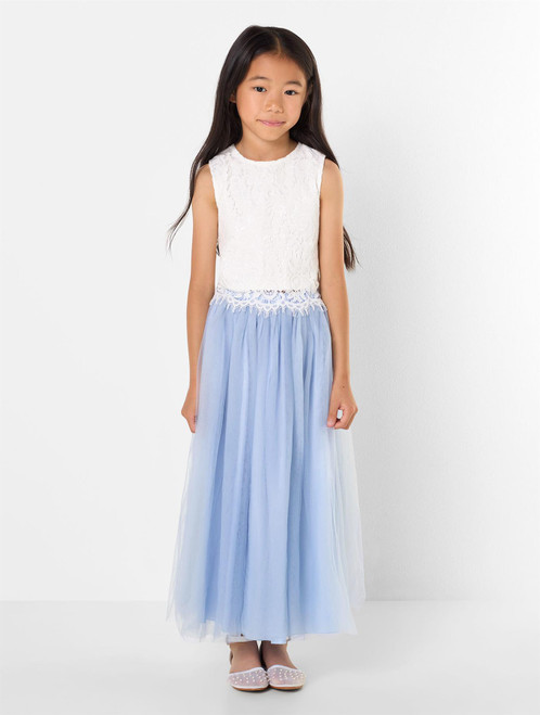 Girls two-piece white & dusky blue maxi dress