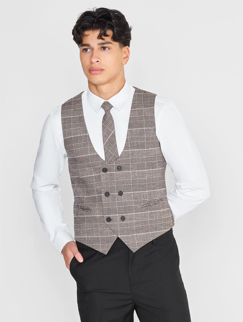 Boys brown and black checked waistcoat suit