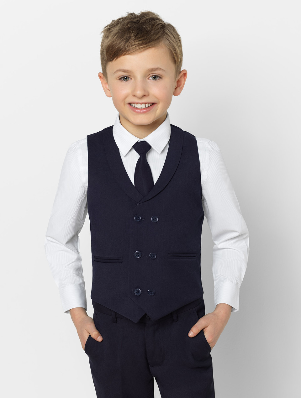 Boys double breasted navy waistcoat & trouser suit set Boys navy page