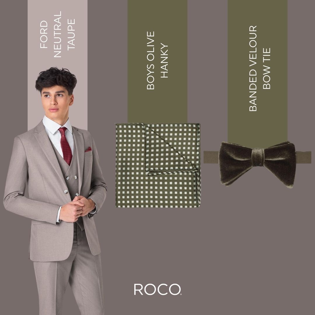 Neutral taupe suit and olive accessories
