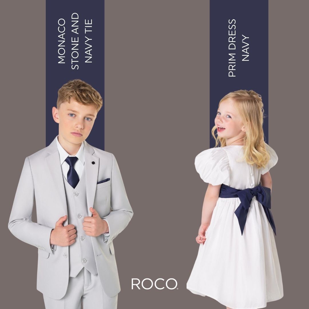 Boys stone suit and girls ivory dress
