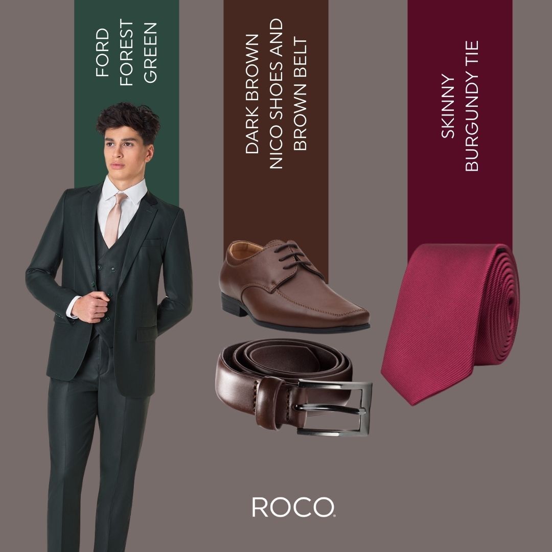 Forest green boys suit with brown shoes