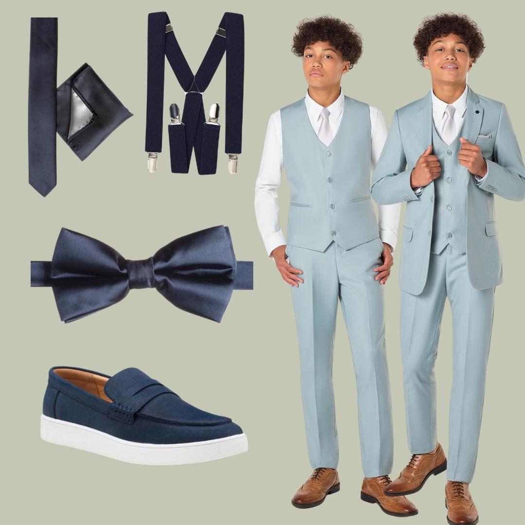 Sage green suit with navy accessories