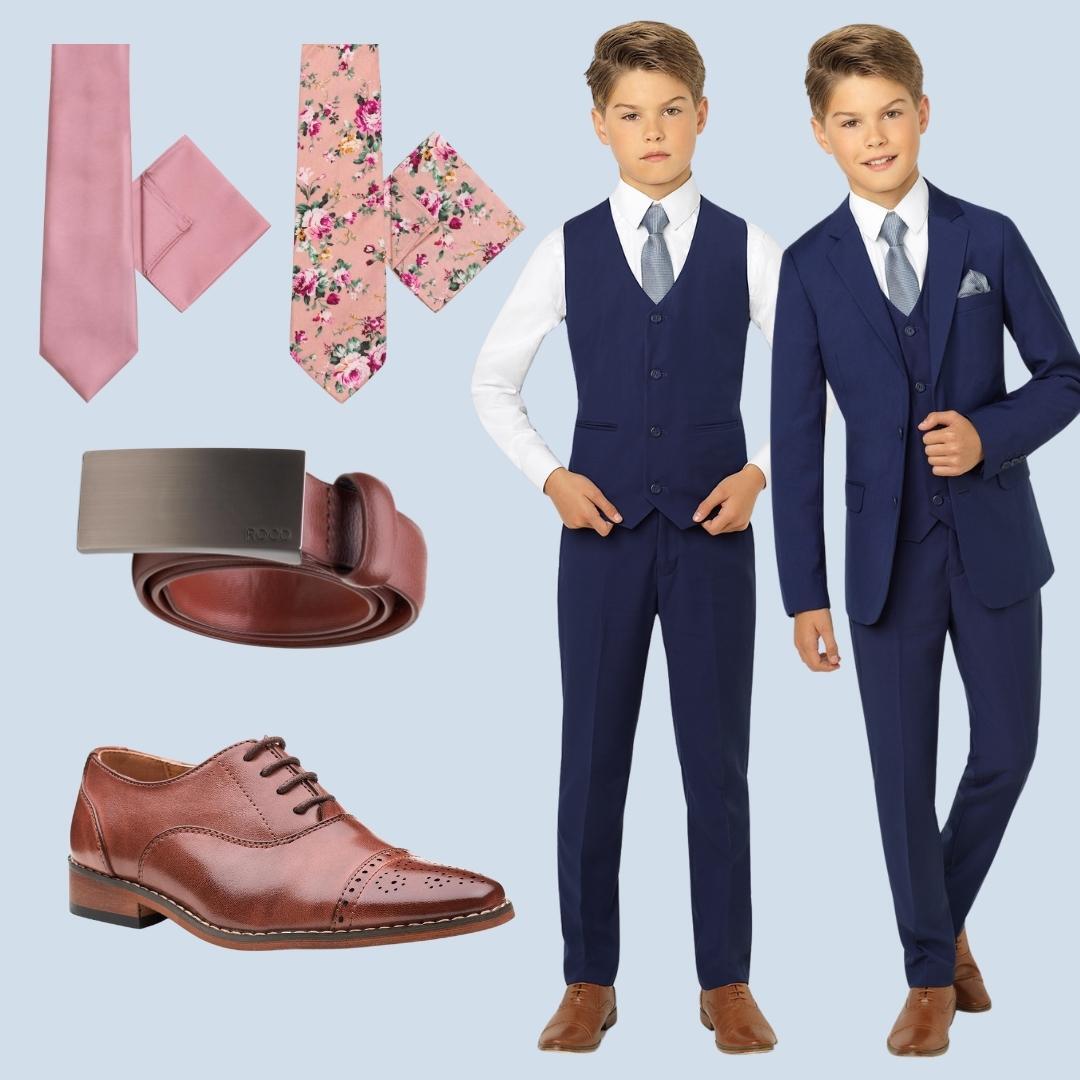Navy Monaco suit with pink floral accessories 