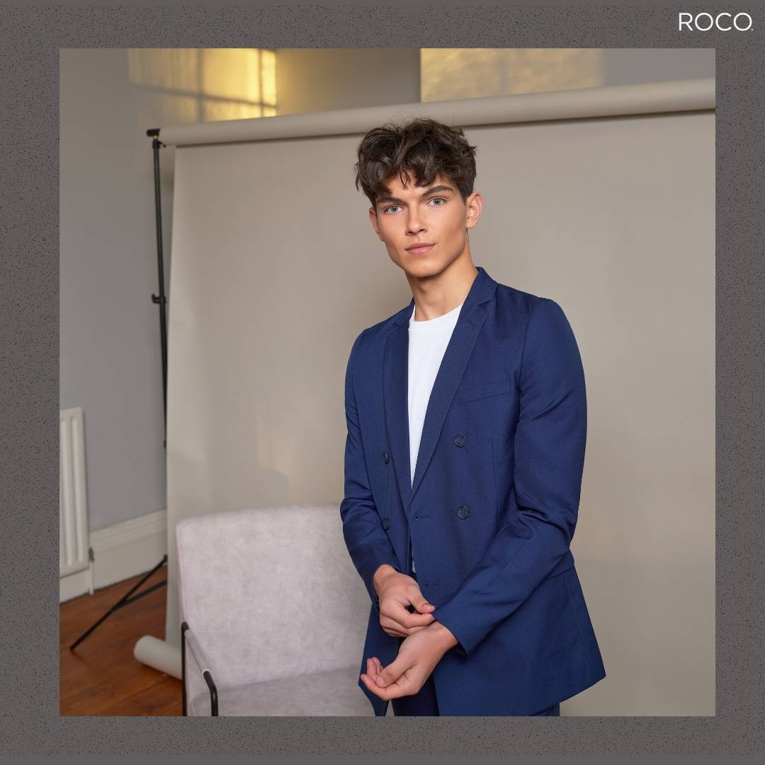 Teen boys navy double breasted suit.