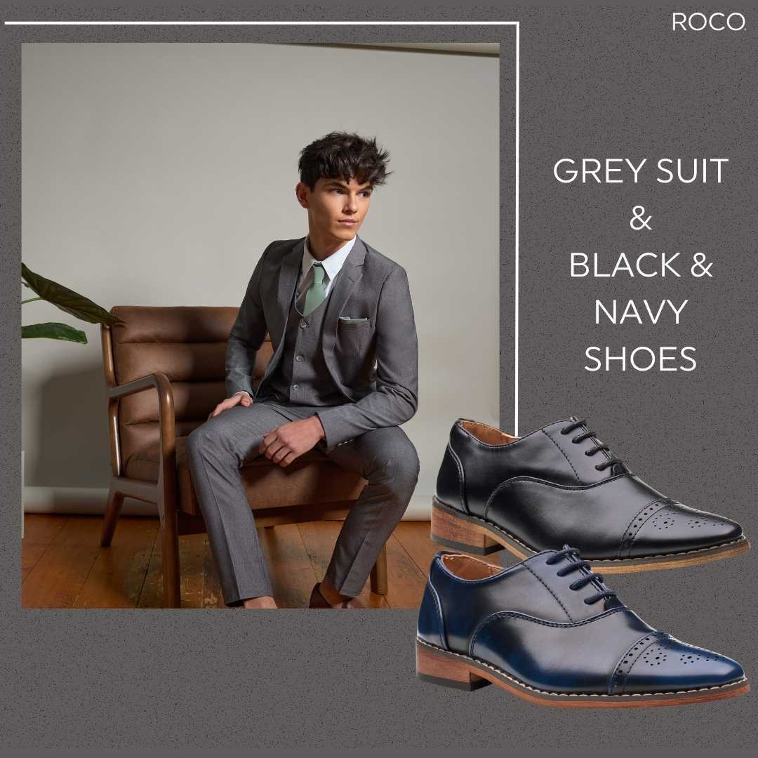 Boys Grey suit and Navy shoes
