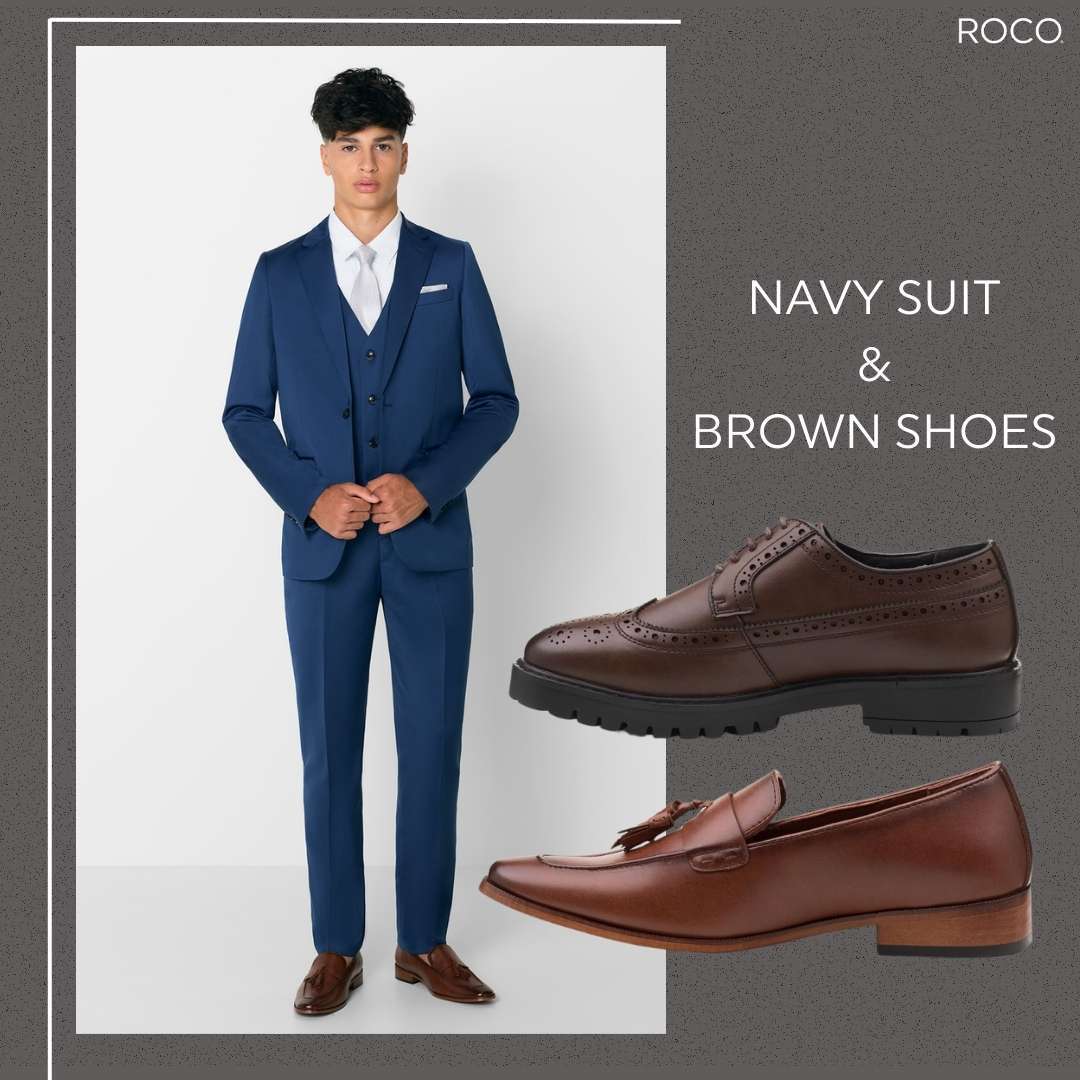 Boys navy suit and brown shoes