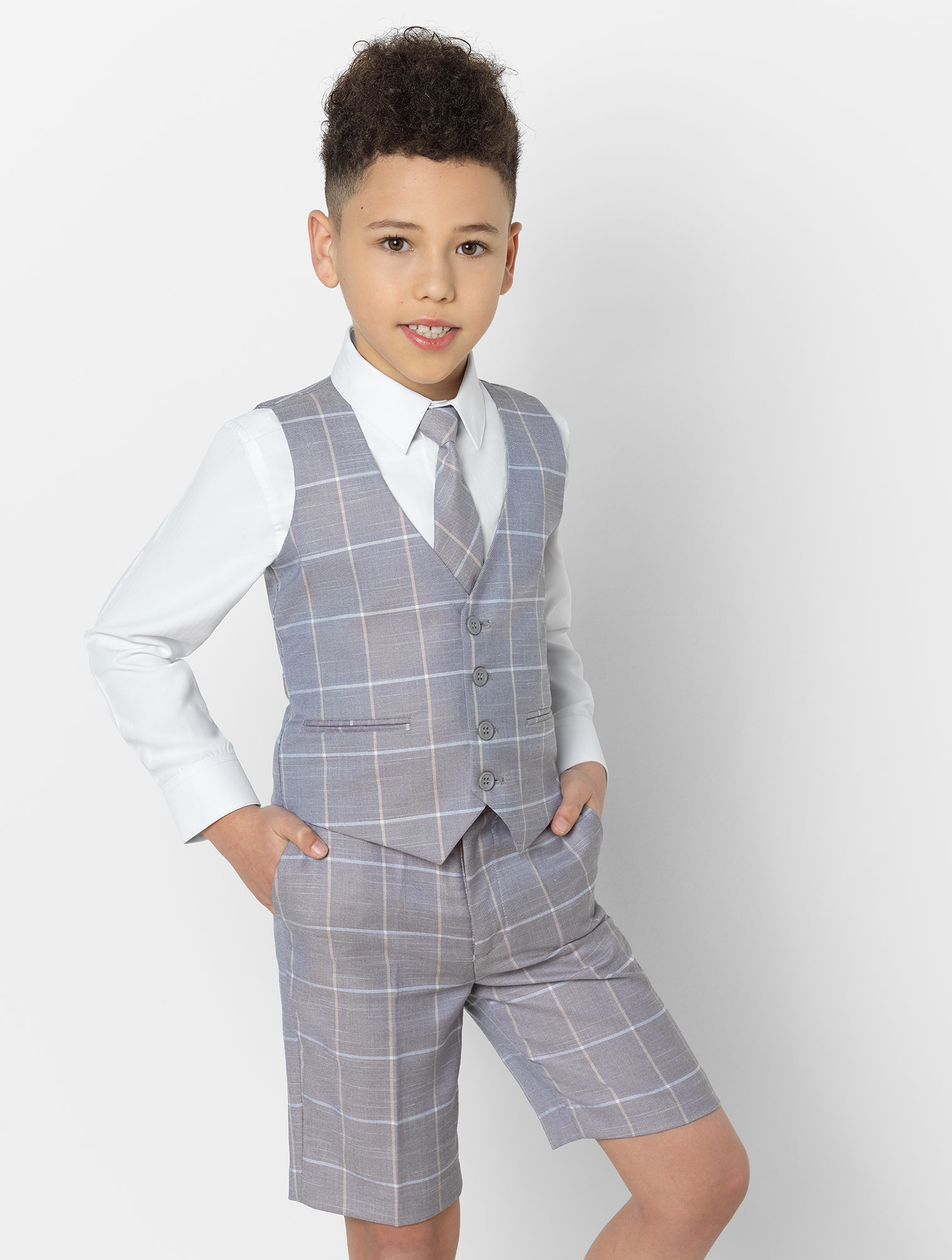 Boys grey check shorts suit set Boys stone page boy suit