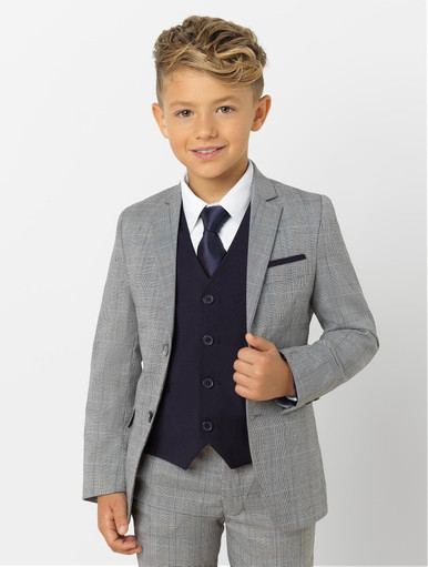 Boys grey check & navy suit | Boys Prince of Wales check suit with navy ...