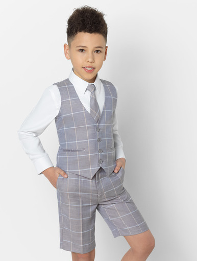 Boys grey check shorts suit set | Boys stone page boy suit