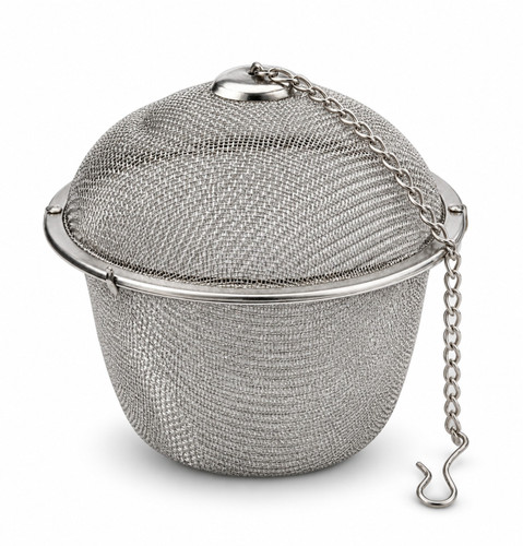 Stainless steel tea strainer on a white background