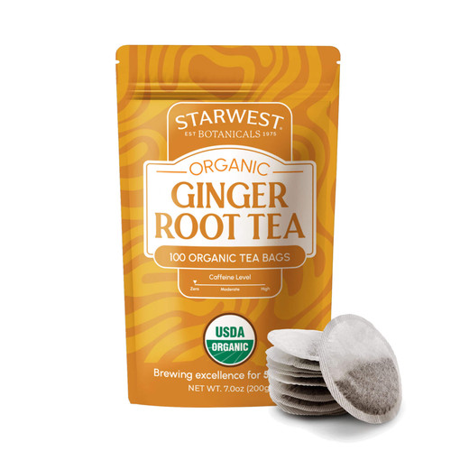 Organic Ginger Root Tea Bags in an orange pouch with a stack of round tea bags in front